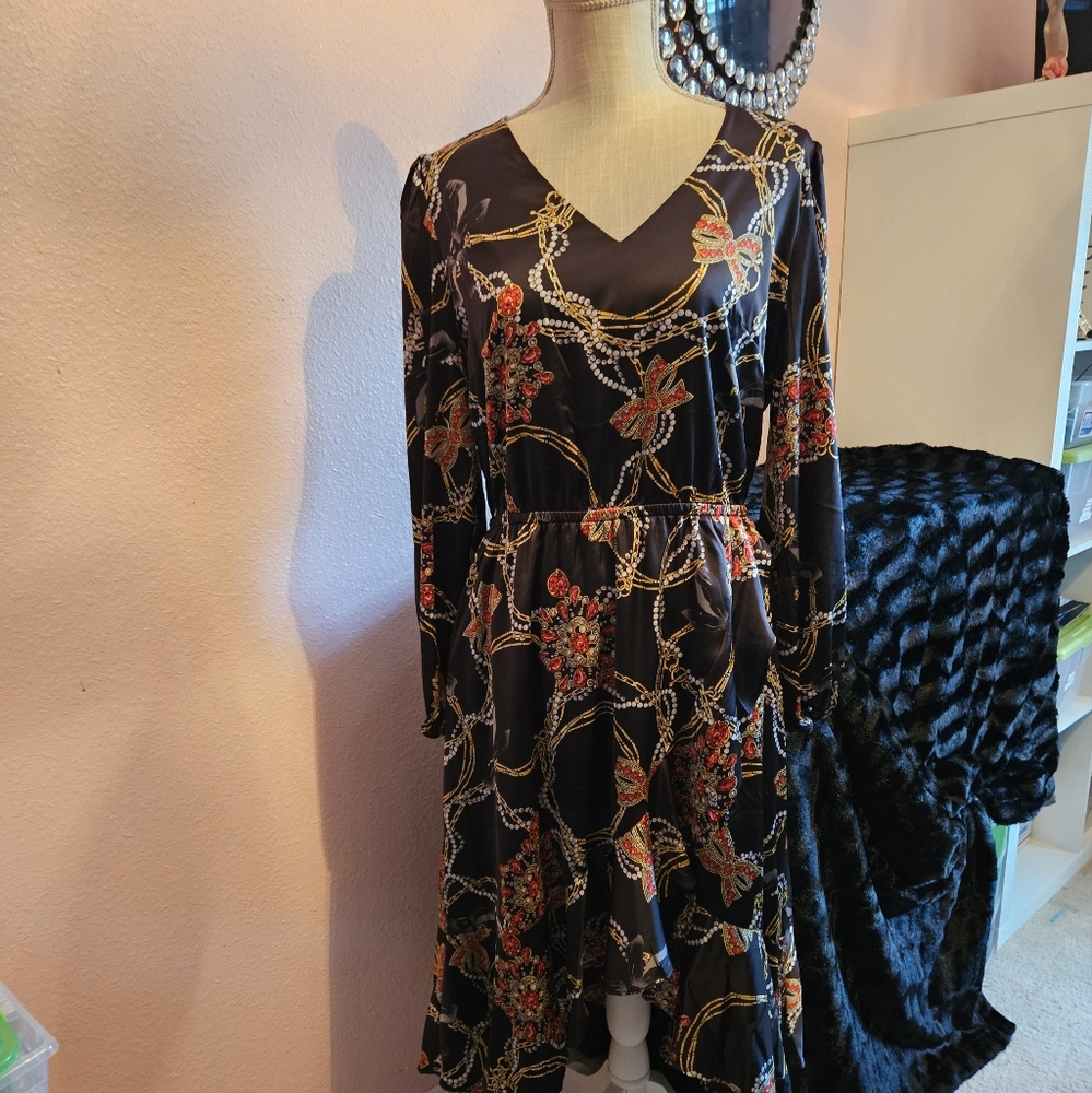 WHBM Asymmetrical Black Red Gold  Vneck Dress Sz M